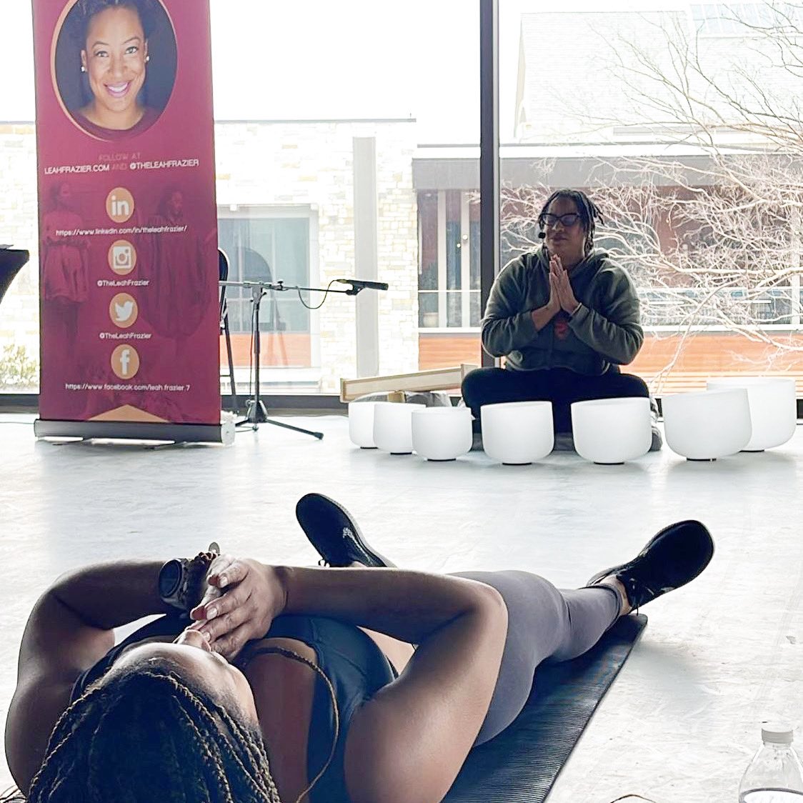 LeahHeals's tweet photo. Thank you @GrandscapeTX for allowing me to lead a 30 minute meditation plus a small sound bath for your Crunch and Munch #BlackHistory Month event today! #LeahHeals https://t.co/S5CJ5koqAM