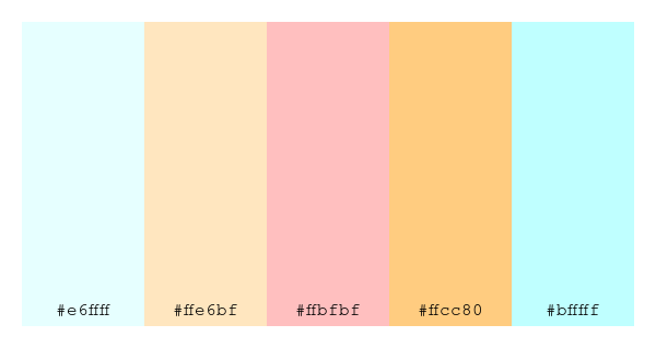 ColPaletteBot's tweet photo. Beep beep, here's a pretty color palette for you!
color-scheme.js parameters used:
- hue: 210
- variation: light
- colors: #e6ffff, #ffe6bf, #ffbfbf, #ffcc80, #bfffff
Have a lovely evening!
#twitterbot #colorpalette #colors #palette #prettycolors https://t.co/HwNuMS1wd9
