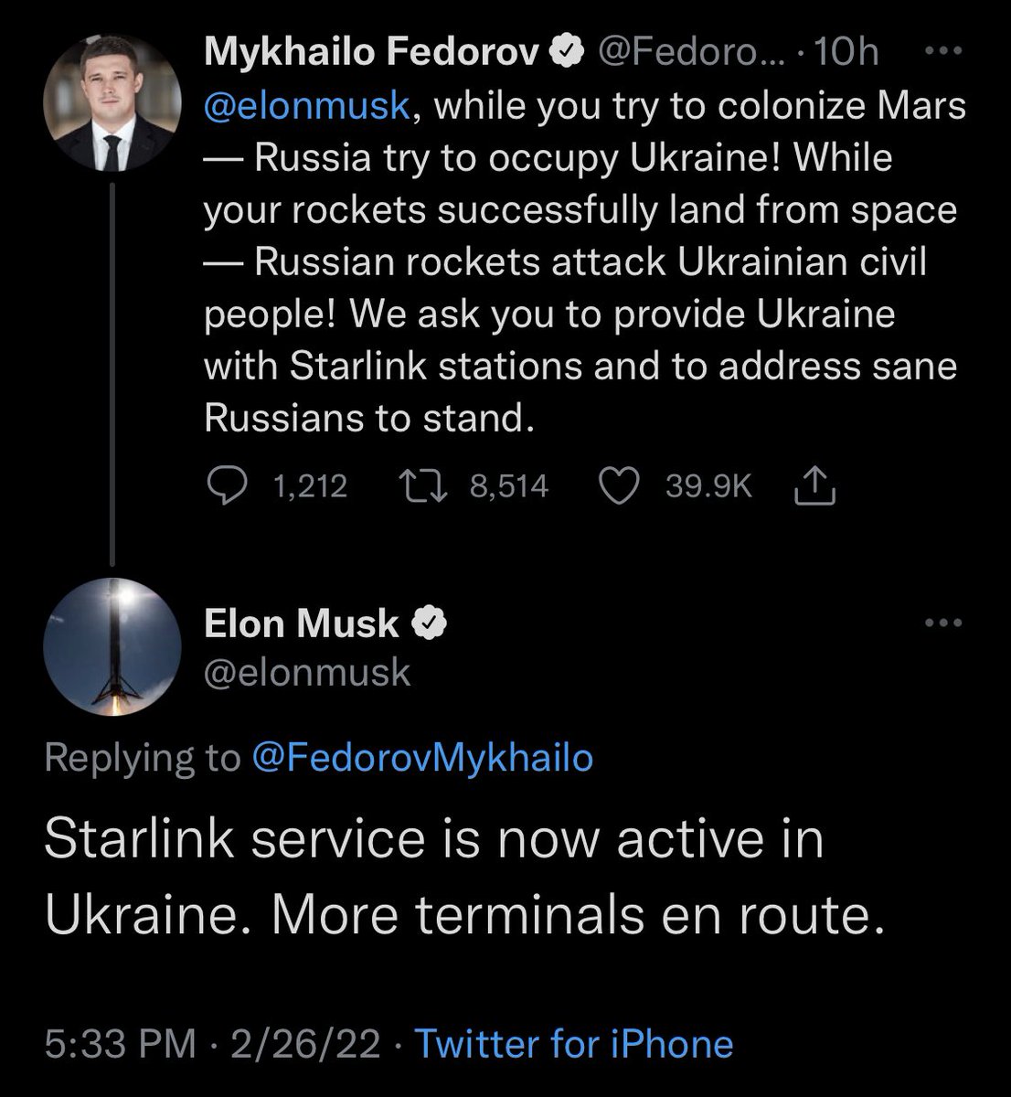 Pomp 🌪 on Twitter: "The Vice Prime Minister of Ukraine asked Elon Musk to  get Starlink internet service to Ukraine and Elon responded 10 hours later  that it was done. Just incredible.