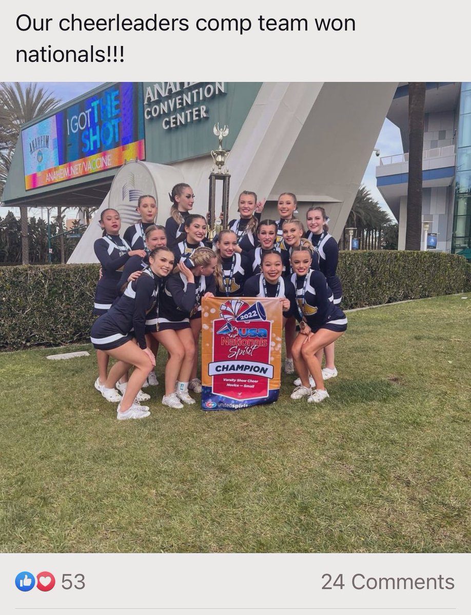 National champions!!!!!!! AHS Cheer comp team is at Nationals and just was recently Announced as 1st place winners!!!! 🏆😊 Proud of you!!! 🏆😊 AHS Cheer Team wins it All at US Nationals 🏆 at the Anaheim Convention Center