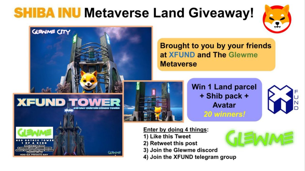 army_shiba's tweet photo. $SHIB Holders can win a land plot in the Glewme metaverse! 20 winners announced here.

Simply do 4 things:

1) Like this Tweet
2) Retweet this Tweet
3) Join Glewme discord:
https://t.co/GoDDv5UXJp
4) Join XFUND Telegram:
https://t.co/2Hd04cfH2a https://t.co/P9TeU70TUx