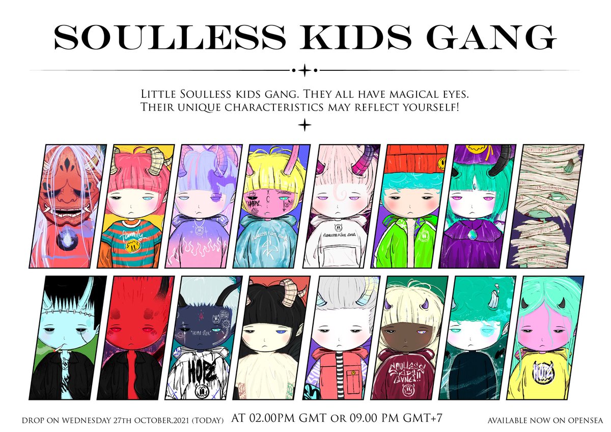 The children of various races with different magical powers.
They have got eyes of magic which define their power limits.
The eyes of magic are categorized as follows:

Opensea:
opensea.io/collection/sou…

#Soullesskids #NFT #NFTCommunity #NFTs #NFTCollection #OpenSeaNFT
