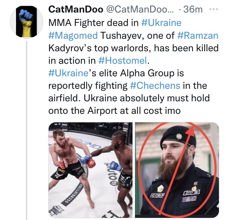 CatManDoo18's tweet photo. Still DEAD ! Magomed #Tushayev, Ramzan #Kadyrov’s top warlord, has been KIA in #Hostomel.
#Ukraine’s elite Alpha Group is fighting #Chechens in the airfield and #Winning! Day 3 Airport Open. Hostomel is the most important #1 place Ukraine needs control over! https://t.co/yeZVg6ssAd