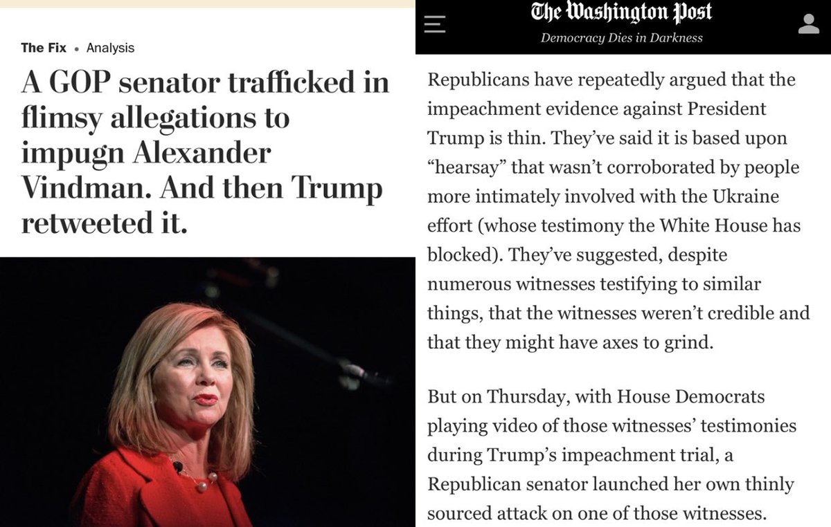 Simply: Trump was impeached for withholding military aid to Ukraine for political favors. And @MarshaBlackburn help attack the character of @AVindman, who blew the whistle on it. Any opinion she gives about this Russian invasion should be reported with that context. 🇺🇦