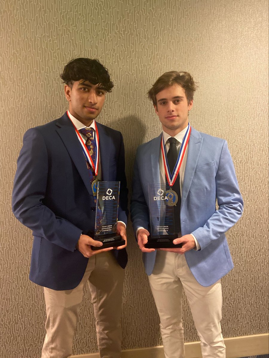 Grapevine_DECA's tweet photo. So proud of these young men! Congrats to Krish Bhayani and Zack Keller on earning State Champion honors in Entrepreneurship Team! #gcisdcte https://t.co/kO70KzgecU