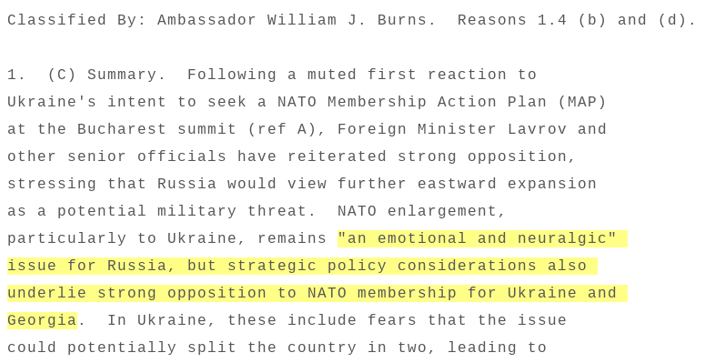 wikileaks's tweet photo. Secret cable shows #Russia warned US #Ukraine #NATO enlargement could split country in two - create civil war https://t.co/8J3RwwJo0g https://t.co/kqgm6cqvsw