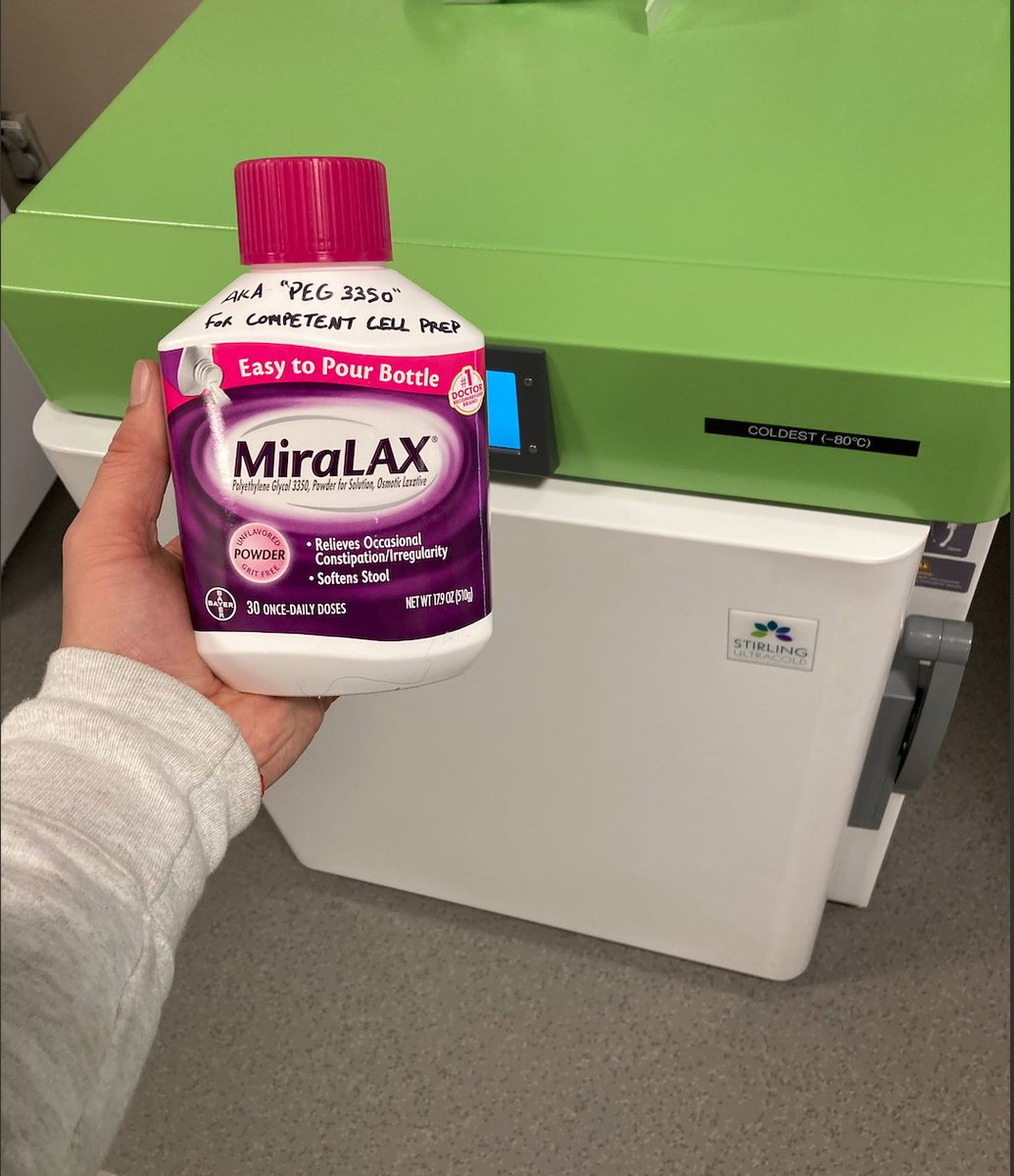 Turns out an over-the-counter laxative + cells (and a few other common lab ingredients) yields highly competent cells!

Prepping our own cells in house like this takes the average student experiment from ~$12 each to less than a penny!

Lower cost = Access