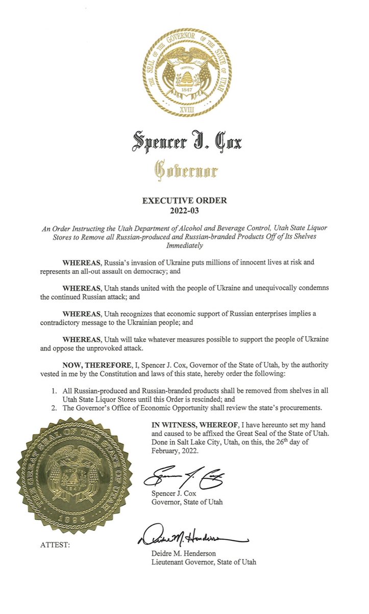 SpencerJCox's tweet image. We will do our part to push back on the Russian invaders and stand with our sisters and brothers in Ukraine. Effective immediately all Russian-made products will be removed from state-run liquor stores. We will also review all state procurements for any Russian ties. 🇺🇦