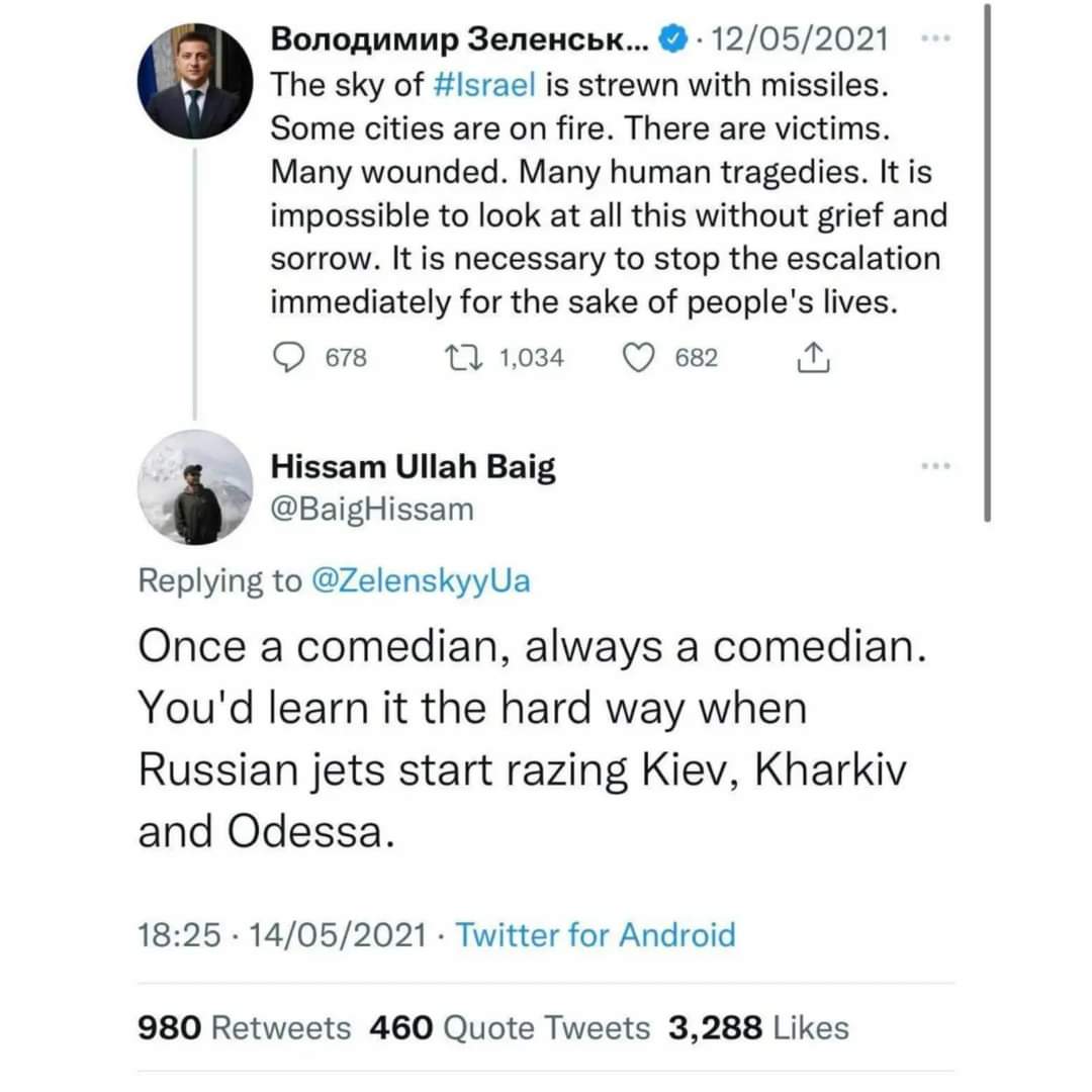 mangiyandongeng's tweet photo. Ketika Presiden Ukraine menyokong Israel semasa perang Gaza Mei tahun lalu, seorang warga Pakistan menulis:

“Sekali menjadi pelawak, selamanya pelawak. Anda akan belajar dengan cara yang sukar apabila pesawat Rusia mula menyerang Kiev, Kharkiv dan Odessa.” https://t.co/dVHlT56tFs