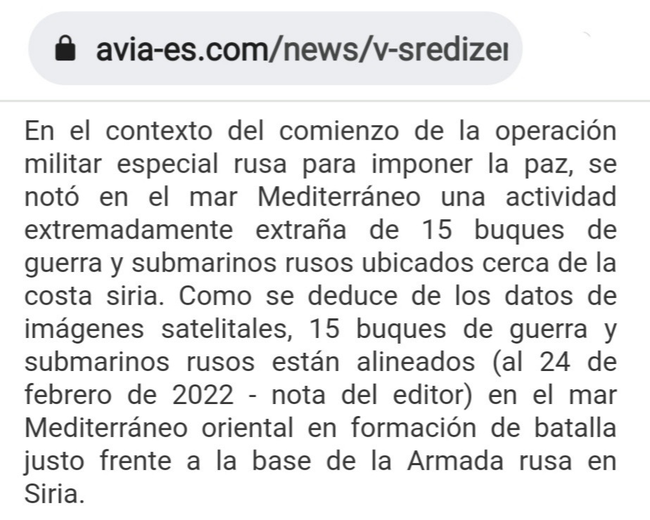 RUSIA UCRANIA
Imagen satelital
Mediterráneo Oriental
Rusia: 15 buques y submarinos en formación de batalla
No se ha revelado la razón
1) ¿Proteger sus instalaciones militares en Siria?
2) ¿Atacar rápido a país o bloque agresor por agravamiento con OTAN?👇🏿 avia-es.com/news/v-sredize…