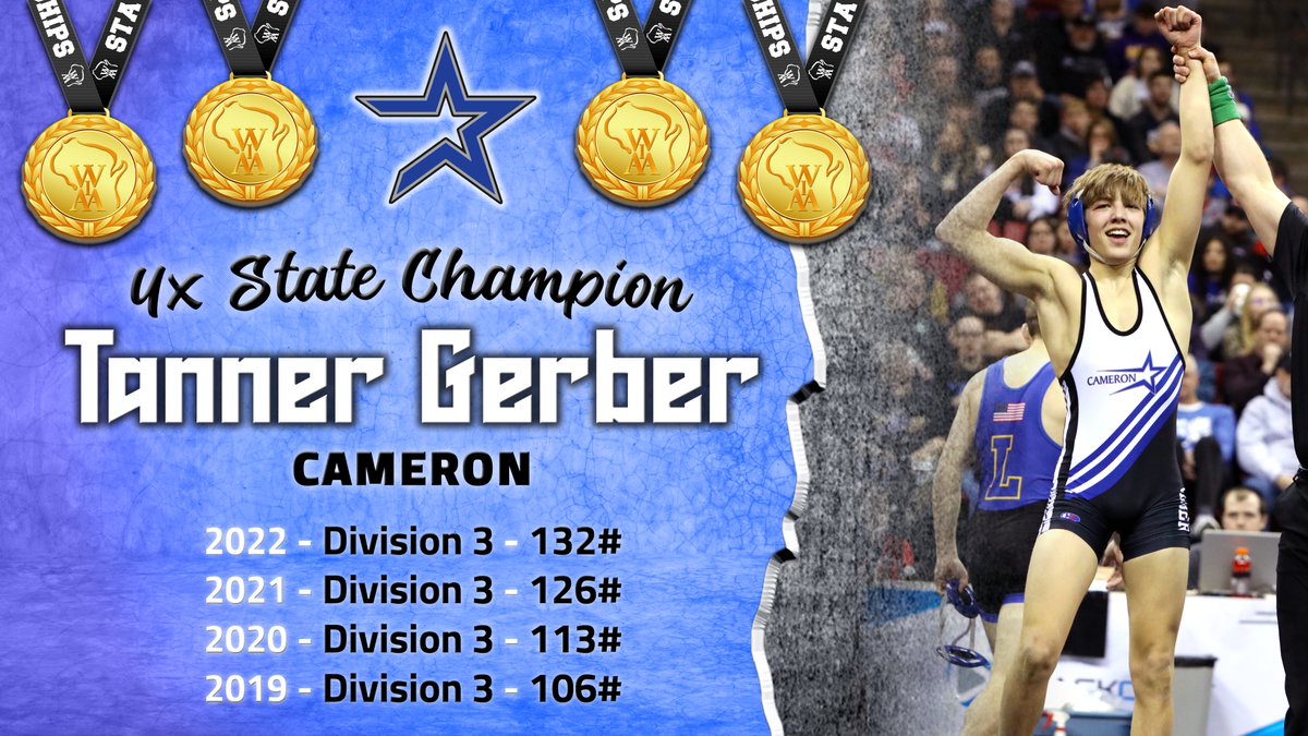 wiaawistate's tweet photo. With a career record of 162-4, Tanner Gerber of Cameron becomes the 20th wrestler in WIAA history to earn 4 Individual State Titles! Congratulations, on an outstanding high school career, Tanner! #wiaawr #4xstatechamp https://t.co/1bkNYeF16C