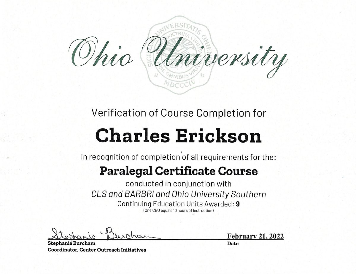 FreeCharlesE's tweet photo. Charlie is officially now a certified paralegal. In the future, he may study more in a specialized field of law like criminal law or family law. #FreeCharlesErickson https://t.co/44O9vua9AS