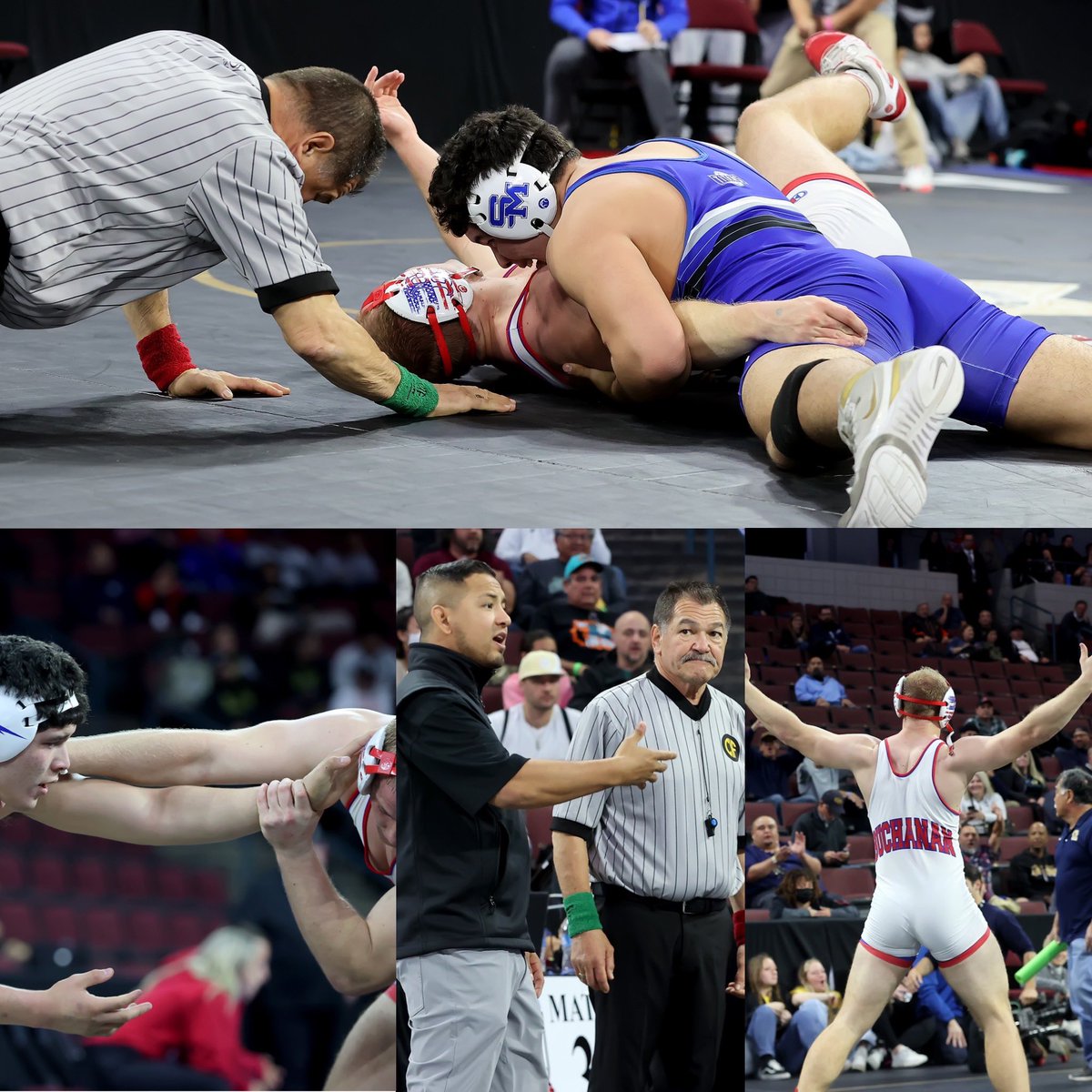 CIF State Wrestling Day 3.  It pays to know the rules.  During Semifinal action, Buchanan’s Coach successfully challenged a pin, which was reversed, giving Caden Rodgers his bid to the finals.  It’s illegal to pull the headgear.