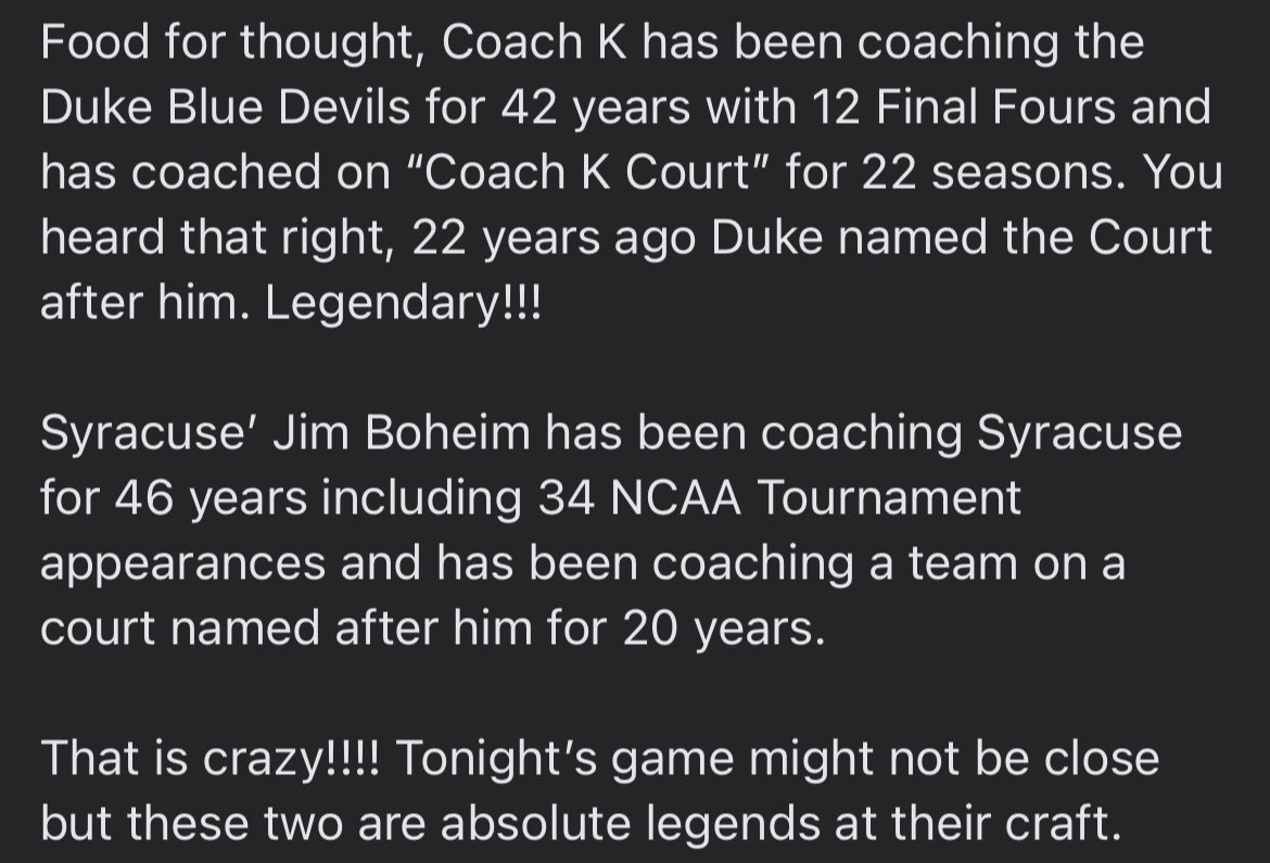 Absolutely incredible. A post I made on FB tonight after being blown away by some facts. #duke #syracuse #ncaa #basketball #coach https://t.co/GJ9AMjDFxH
