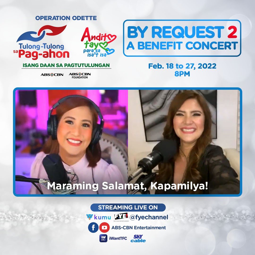 ABSCBNC0RP's tweet image. Maraming salamat sa pagtutok sa ating “By Request 2: A Benefit Concert&quot; series, kasama sina Vina Morales at Jolina Magdangal!

#TulongKapamilya
#AnditoTayoParaSaIsatIsa 
#ByRequest2 

DSWD Authority/Solicitation Permit No. DSWD-SB-SP-00026-21, Nationwide…