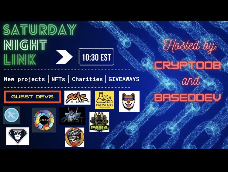 CryptoDB_'s tweet photo. Come join us tonight at 1030 pm EST  Saturday night Chill space with Devs from 9 different projects 🔥💪🤝 https://t.co/2zsxsm4bi9
