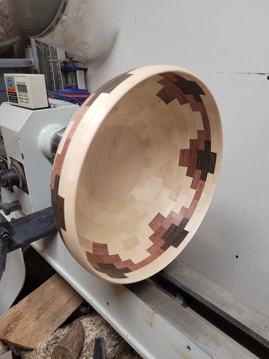 KyleStubbins's tweet photo. A little progress on my latest bowl.

Sand &amp; finish tomorrow. 

#woodworking #segmentedturning https://t.co/k0OXLUML37