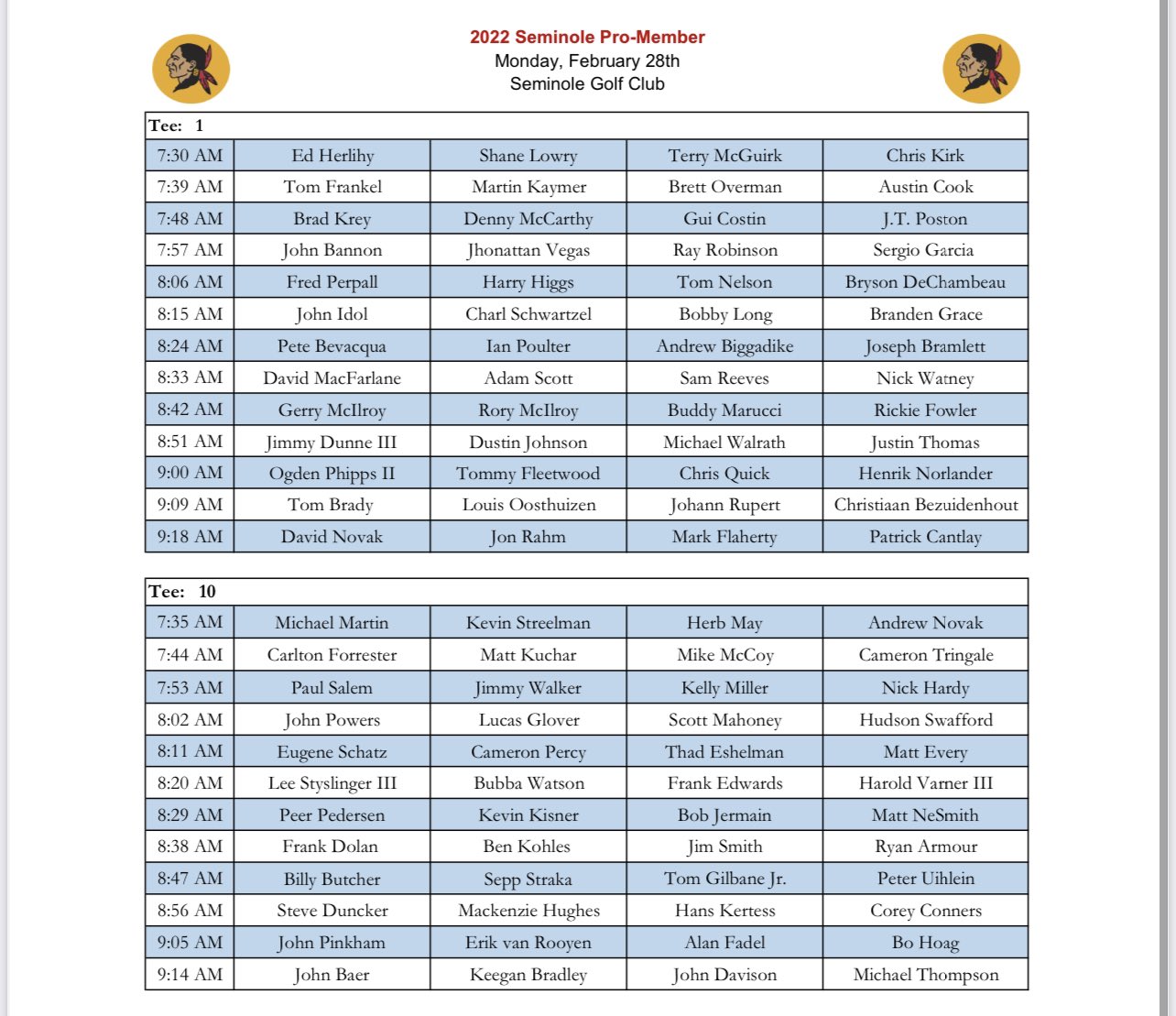 The Fried Egg on Twitter "Seminole ProMember tee times for Monday