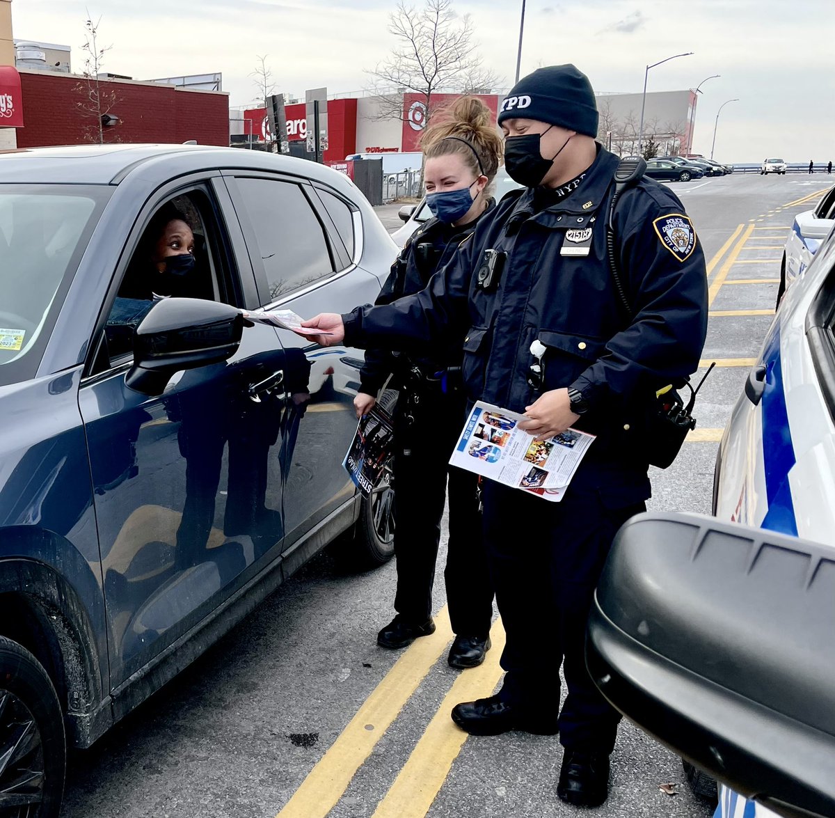 NYPDHighway's tweet photo. PO’s Seoung Jae Chung and Marina Genin of the 62 Pct teamed up with Det. Stewart of Hwy Unit #2 on Bay Pkwy at Belt Pkwy to  distribute #VisionZero educational material &amp; offer other safety info including the “Stop, Let Them Cross.” Law to  drivers, bicyclists and pedestrians. https://t.co/XNyDk8SOWb