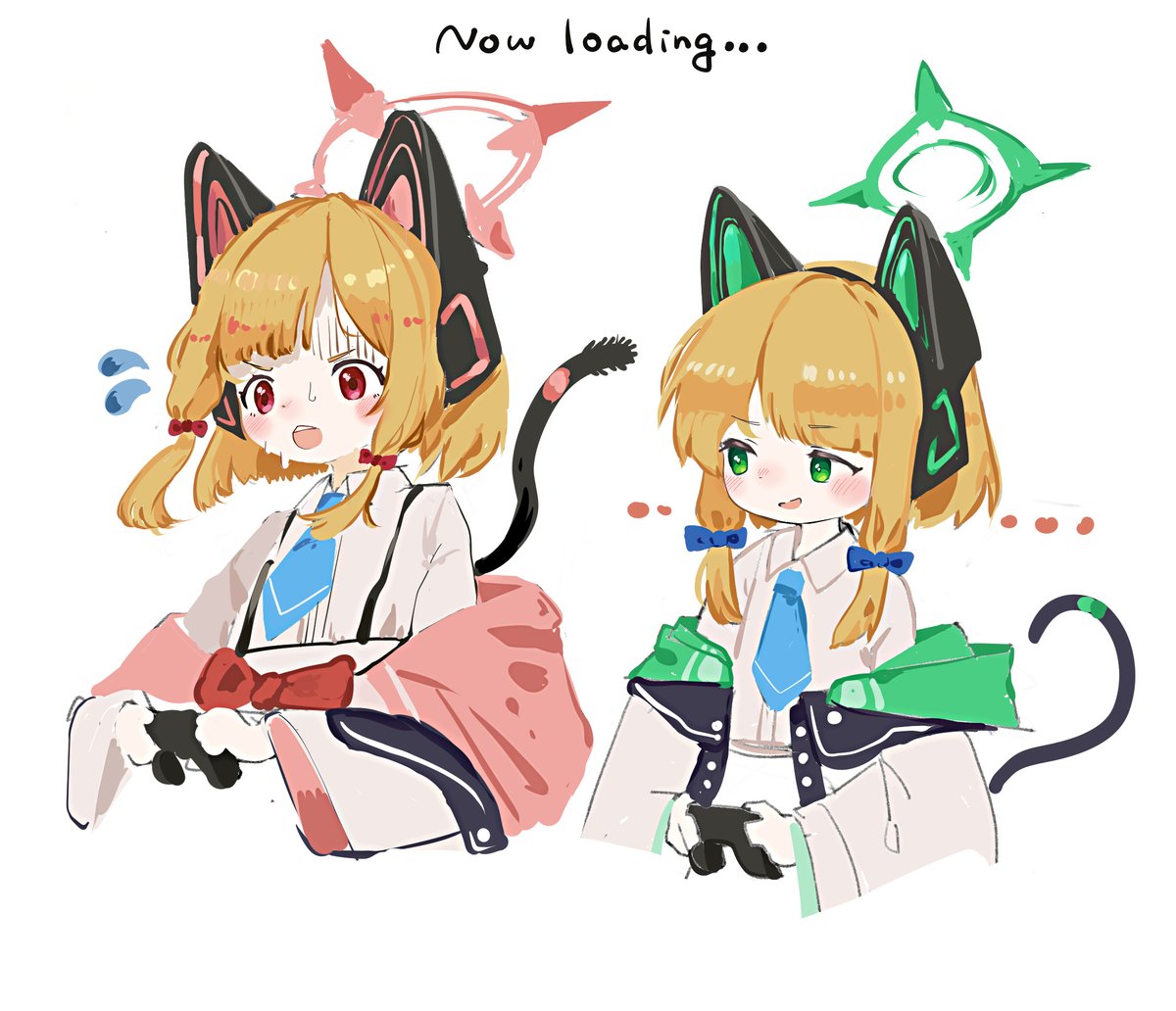 midori (blue archive) ,momoi (blue archive) multiple girls 2girls halo animal ears headphones tail fake animal ears  illustration images