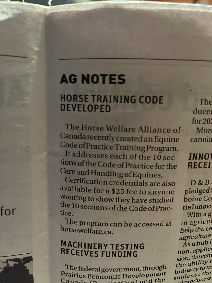 HorseWelfareCdn's tweet photo. Ag Notes in the @westernproducer. Have you completed the #equineCode training? https://t.co/BfHxaZxFRa https://t.co/NLyNUIOqJI