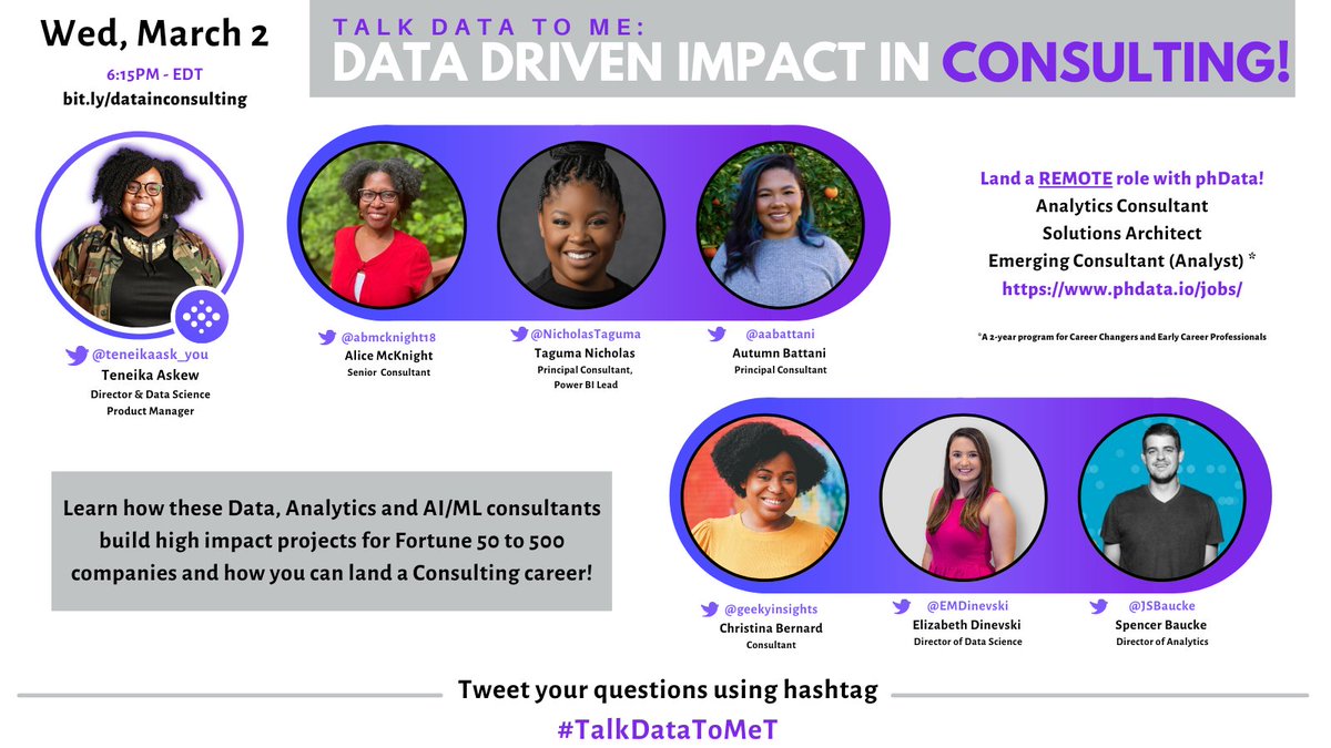 Join me & a few Data Consultants & Leaders to chat about growth in data driven consulting roles! Hear from certified Tableau and Power BI rockstars and ambassadors. Along with one of the SportViz and DS leaders & more! They are hiring remote & in India🧵 twitter.com/i/spaces/1MYxN…