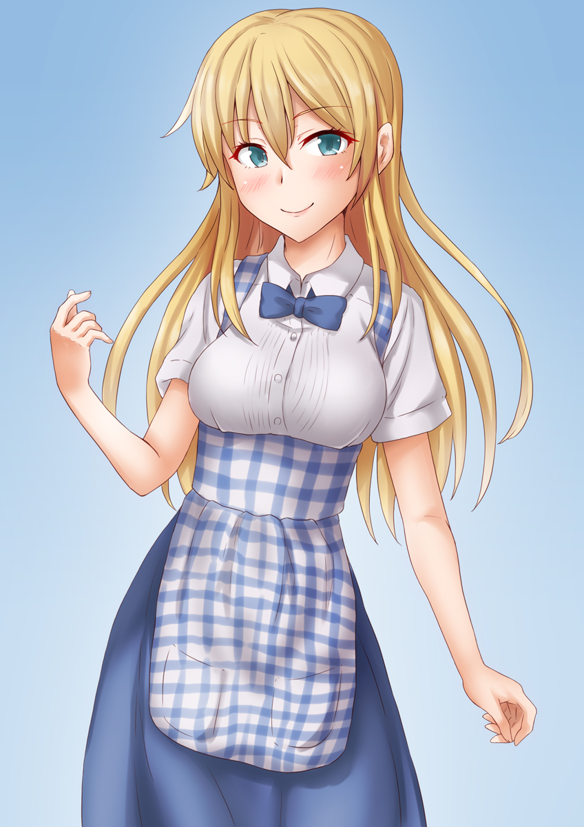 bismarck (kancolle) 1girl solo long hair blonde hair apron skirt blue apron  illustration images