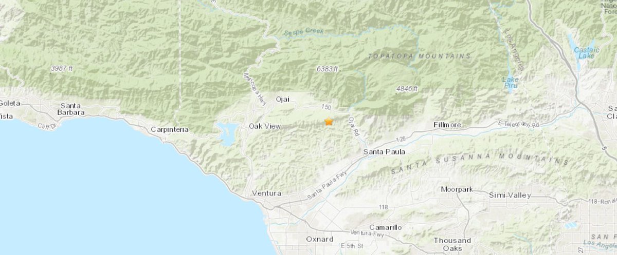 KTLA's tweet photo. #BREAKING: An earthquake with a preliminary magnitude of 3.9 struck 5.8 miles northwest of Santa Paula at 5:44 p.m., the @USGS just reported. https://t.co/RIIiXfgu75