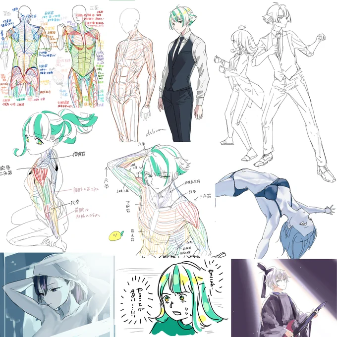 それと今月は改めて骨格や筋肉の勉強をしました!練習で描いたやつとか落書きをまとめました(右下のはファンアートです) 