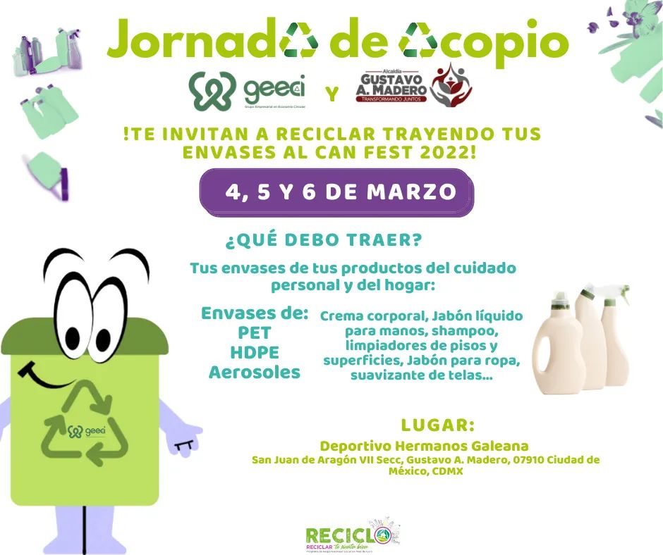 geeci_mx's tweet photo. Ven a reciclar este 4,5 y 6 de marzo al deportivo hermanos Galeana, trae tus envases de PET, HDPE Y aerosoles 🧴♻️ https://t.co/5uj85AxtCE