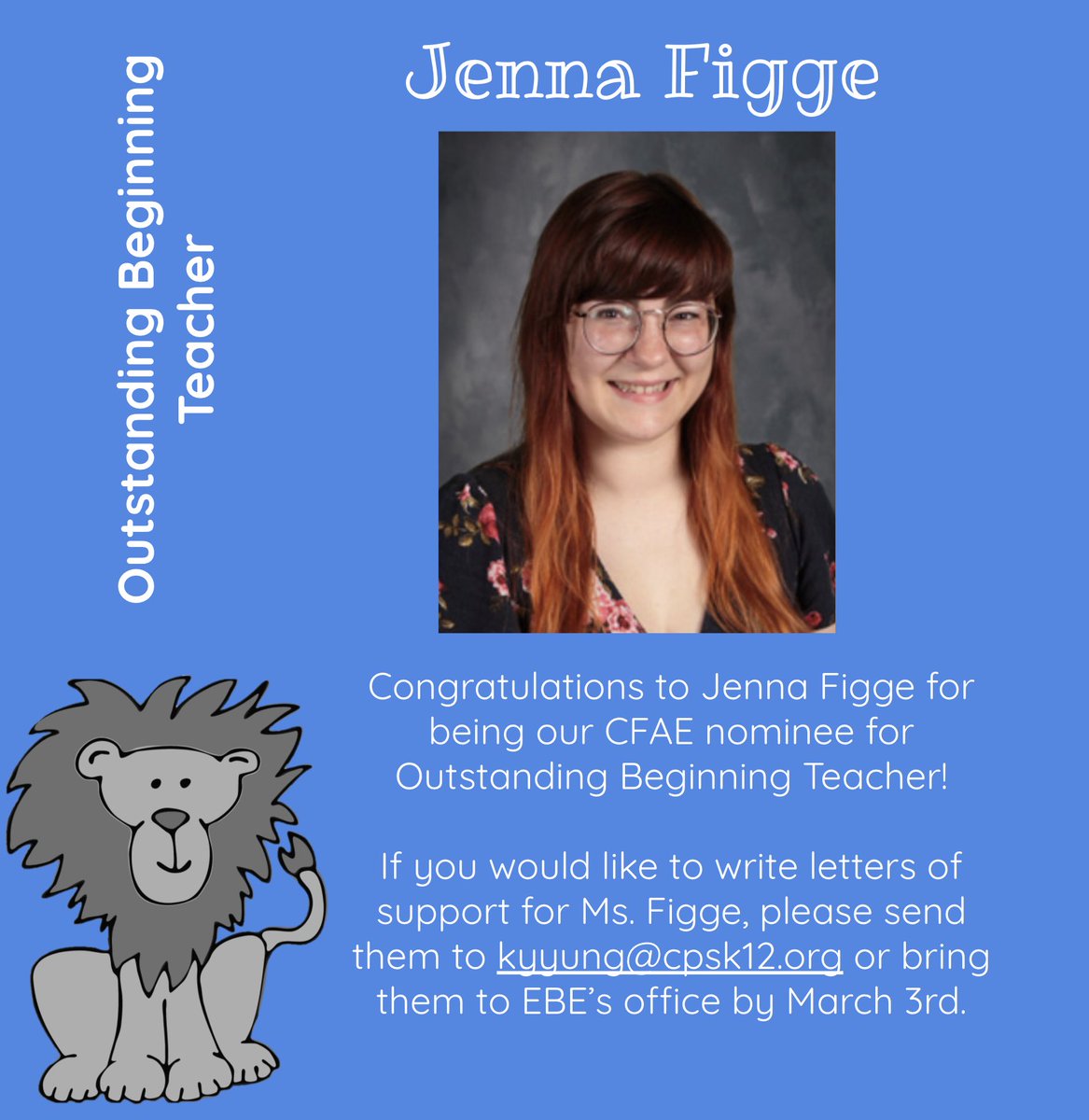 MrsWies's tweet photo. Congrats to our CFAE Nominees!  #EBELionPRIDE #CPSBest #ScholarsFirst @MsKnottEBE @MsKentEBE @MrsGoolsbyEBE https://t.co/H6NhxVi9zH