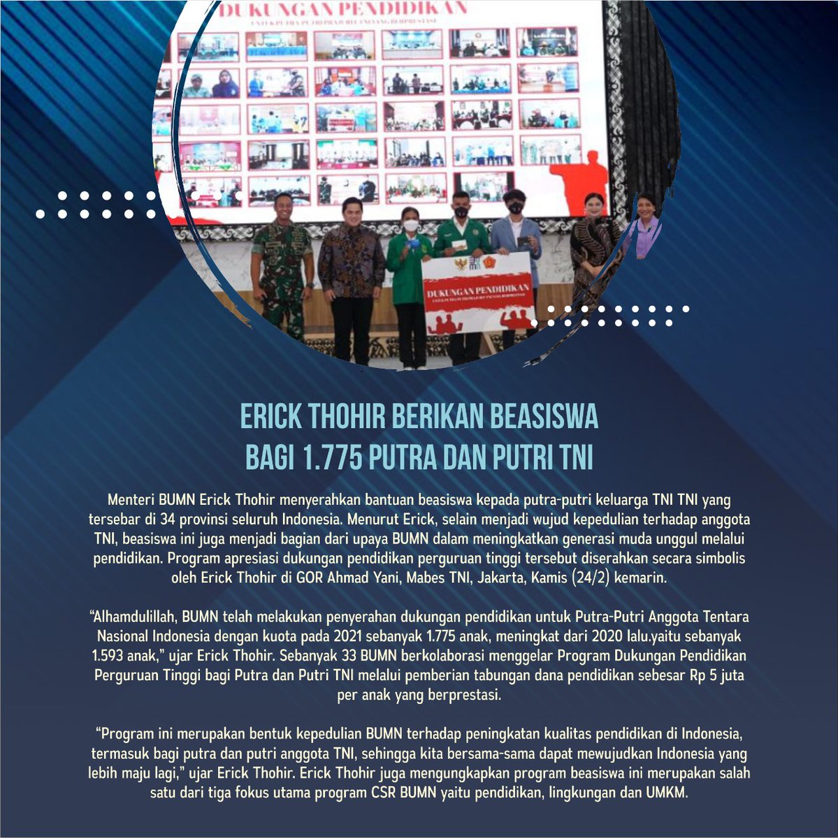 Enovaeli's tweet photo. Pak Erick Thohir sadar betul betapa pendidikan sangat penting bagi kemajuan bangsa ini. Dan perhatian beliau kali ini akan jadi satu titik awal dimana Indonesia dan generasi mudanya akan jadi lebih bermartabat. https://t.co/tn5BDNhxFj