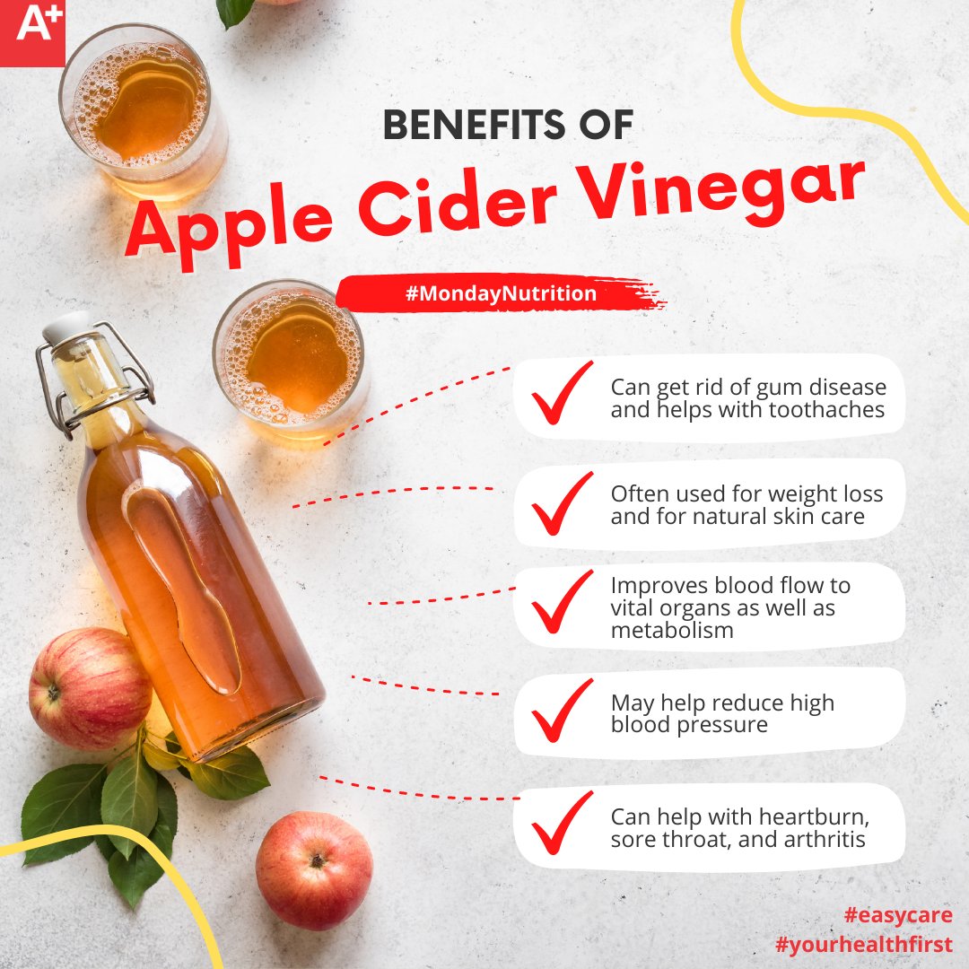 APlusIntl's tweet photo. Apple cider vinegar is a home remedy thatβs been used for hundreds of years to treat several conditions, including high cholesterol, hair loss, arthritis pain, and digestive issues. πβ€οΈ #MondayNutrition
#yourhealthfirst #APlusInternational #InternationalHealthcare #easycare https://t.co/Cn4dRmDNRf
