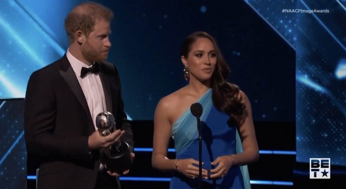 scobie's tweet image. &quot;Our lives were brought together for a reason.&quot;

Prince Harry and Duchess Meghan receive the President&apos;s Award at the #NAACPImageAwards in recognition of their work helping a Texas women&apos;s shelter, promoting vaccine equity and creating community relief centres with @WCKitchen.