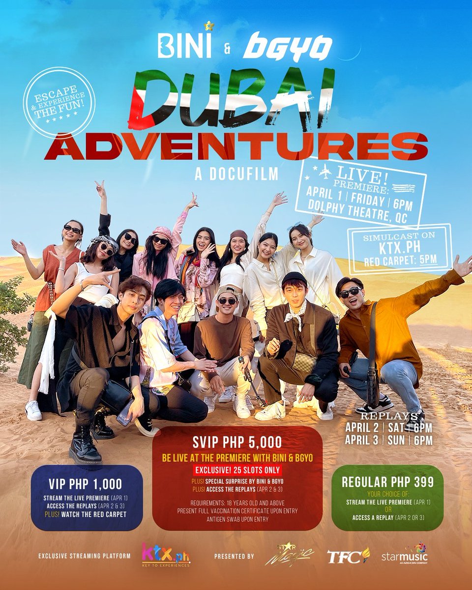 KtxPH's tweet image. Let&apos;s all join in the fun and music of @BINI_ph and @bgyo_ph &apos;s DUBAI ADVENTURES!

Book your tickets now via ktx.ph !!!