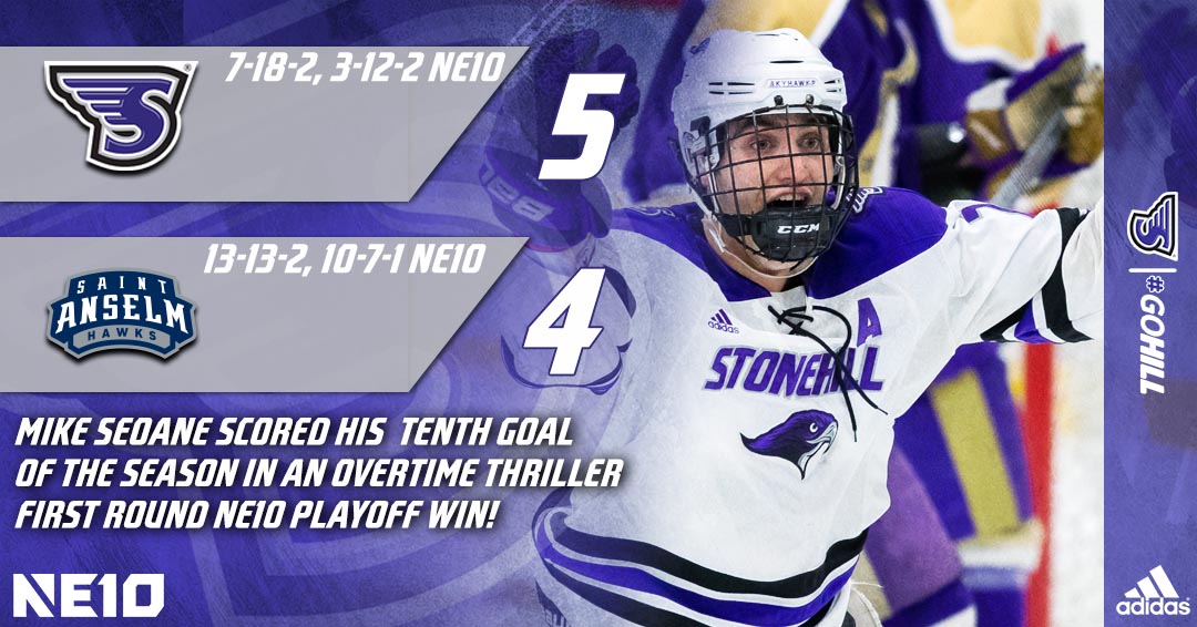 GoStonehill's tweet photo. DON'T. LET. US. GET. HOT. 👀 @StonehillHockey topped Saint Anselm in a thrilling overtime battle in @TheNortheast10 playoffs opening round! #GoHill #Ne10Embrace #NCAAD2 
🏒 5⃣ different Skyhawks scored on the night.
🏒 Day made 35 saves (7⃣th time with 30+ saves). https://t.co/BIxoxub4Zg