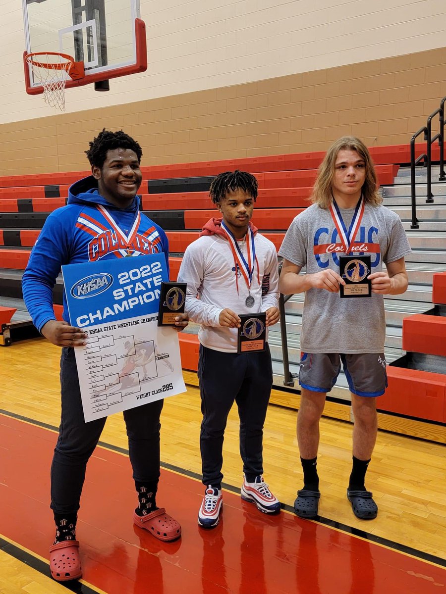 AJ Harvey, state champ!  JaRi Campbell, state runner-up!  Mason Kellett placed 7th!  Overall the Colonel wrestlers finished 11th in the KHSAA state tournament.  Very proud of all of our wrestlers and coaches.  Safe travels home!