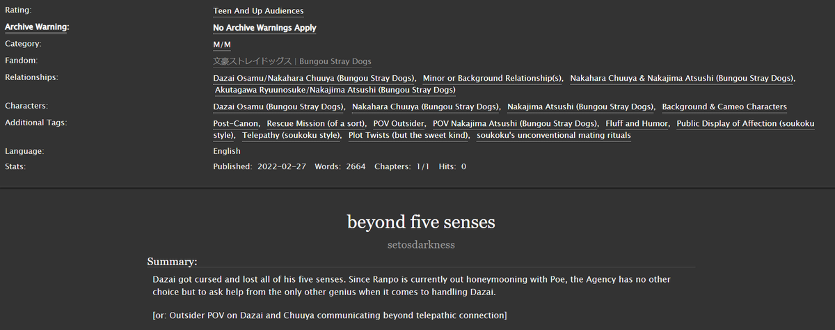 sofuckingmoe's tweet photo. Dazai got cursed and lost all of his 5 senses.
Chuuya can still communicate with him without a problem.

[or: Outsider POV on Dazai and Chuuya communicating beyond telepathic connection]

+ 太中 / DaChuu
+ link: https://t.co/ieVq6u3EJG https://t.co/fAUK8ZiVVt