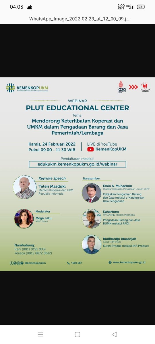 natasyadisca's tweet photo. Webinar tgl 24 Februari
Dengan tema : mendorong keterlibatan koperasi dan UMKM dalam pengadaan barang dan jasa perintah /lembaga
@PENYULUH_COOP 
@ppklkemenkop
@ppklptovbabel
@ppklbasel https://t.co/Bbgm9TaToV