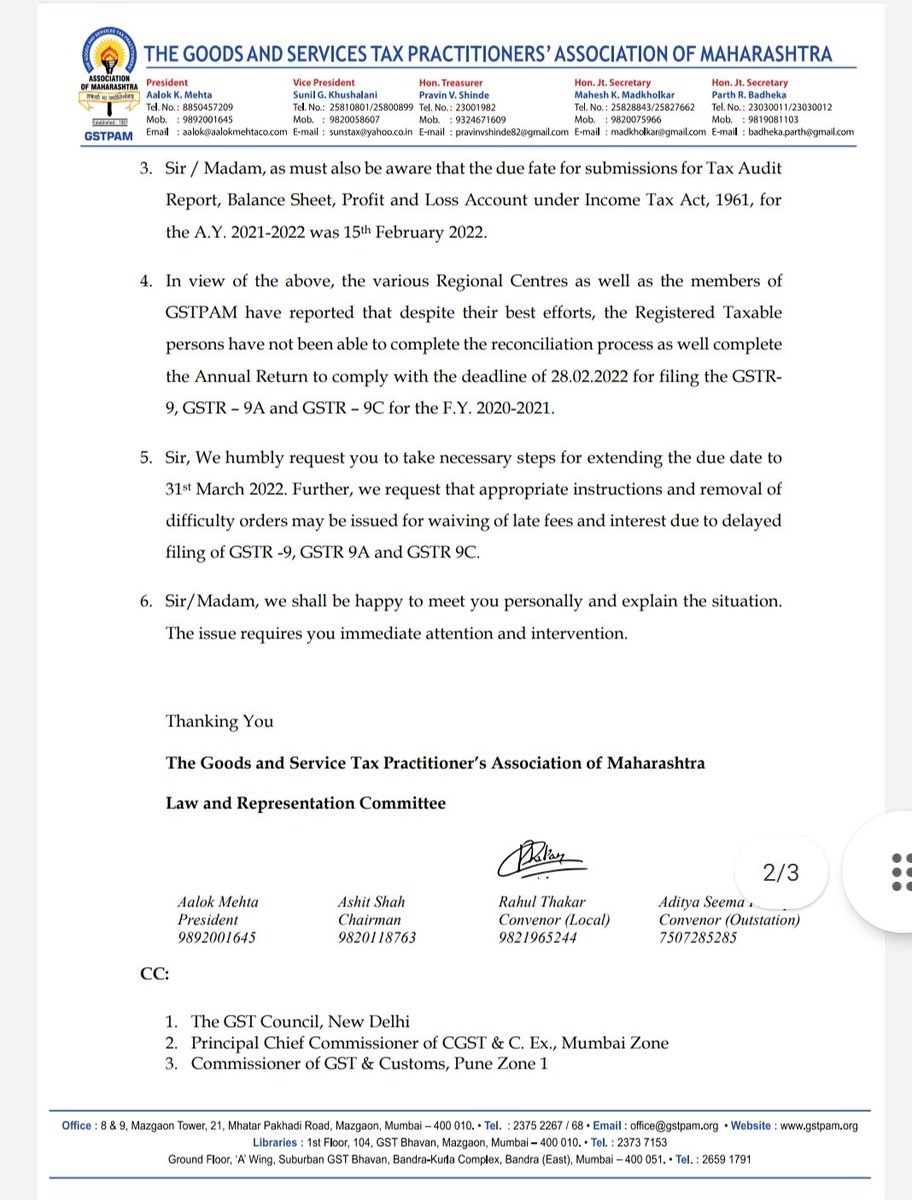 GK2627's tweet image. The due date to comply with Annual Compliance under  GST Law should be extended from 28/02/22 to further at least a month considering the difficulties faced by Trade and Industry

Representation by #GSTPAM 
#EasyGST4U