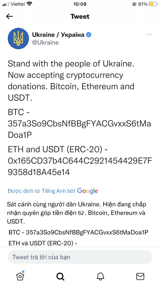 transondang's tweet photo. Ảo nhưng k còn là ảo
- Ucraina kêu gọi ủng hộ bằng BTC, ETH hoặc USDT
- Cứ 5min lại có một giao dịch Donate
- Số tiền ủng hộ đã lên đến 4.3M $
- Chính phủ U lên Twitter tranh thủ sự ủng hộ của thế giới. https://t.co/NRpMNdiuwc