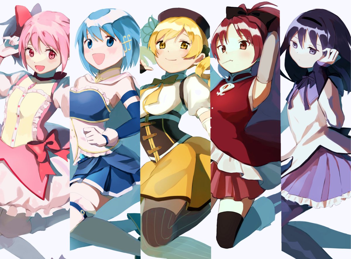 akemi homura ,kaname madoka ,miki sayaka ,sakura kyouko ,tomoe mami fortissimo musical note hair ornament multiple girls 5girls skirt musical note pink hair  illustration images