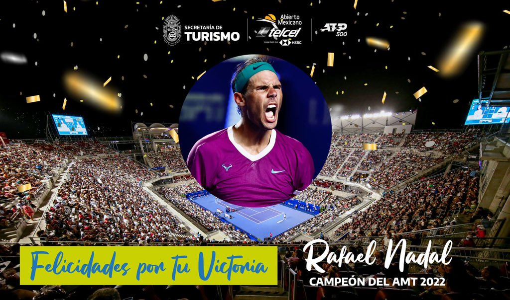 Sectur_Guerrero's tweet photo. ¡Felicidades Rafael Nadal!
🎾Campeón del Abierto Mexicano de Tenis,
Edición 29 en #Acapulco.

#AMT2022
#newbeginnings https://t.co/aMY4lm5hgx