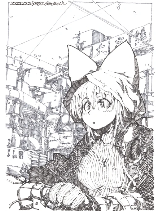 【アナログ1727:帰り道】B4モノクロ。塗るかもしれないんだけど、大きくて細かい線画を試すのが目的だったので一旦これで上げる。
#線画 #狐娘
# 
