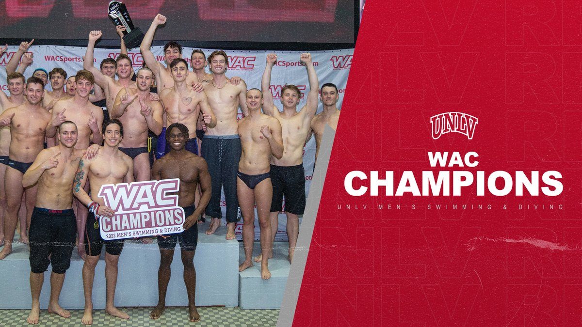 UNLV_Swim_Dive's tweet photo. BACK-TO-BACK‼️ The UNLV men's swimming &amp; diving team repeats as @WACsports Champion &amp; brings the #WACsd trophy back to Vegas for the 4️⃣th time in program history‼️🏆🏆🏆🏆 #JustGoOff #BEaREBEL 🔴⚫️🔴⚫️🏊‍♂️💪👏🎉🎊🎉🎊 https://t.co/N8bLC7MxhS