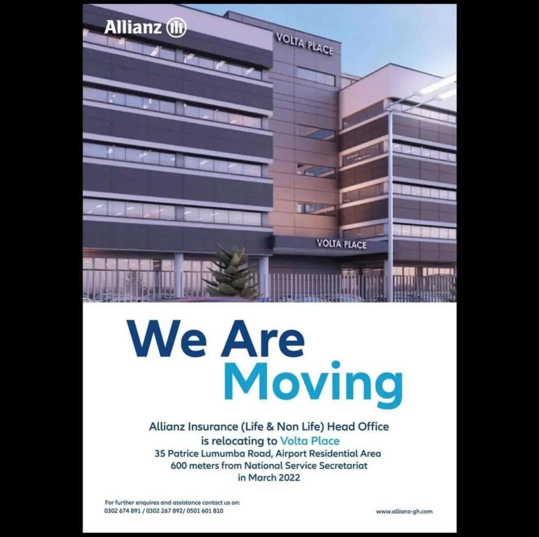 InsuranceHabari's tweet photo. Allianz Insurance GH is relocating their Head Office to Volta Place. This is on the same lane as the National Service HQ.
@Allianz https://t.co/dJgStdAE2Y