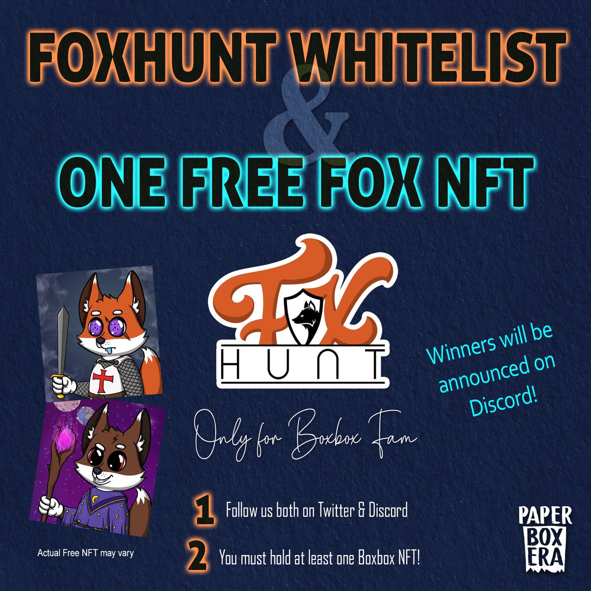 Collab Giveaway!📦x🦊

1⃣Follow <a href="/PaperBoxEra/">PaperBoxEra CNFT | Main Launch | SOLD OUT</a> &amp; <a href="/FoxHuntNFT/">FoxHuntNFT</a>
2⃣Like, Retweet &amp; Tag 3 Friends
3⃣Join both discords. 6 winners announce on discord only.

📢You must have at least 1 Boxbox #NFT to qualify.

#CNFT #CNFTCommunity #NFTs #NFTCommunity #CNFTs #CNFTGiveaway #NFTGiveaways