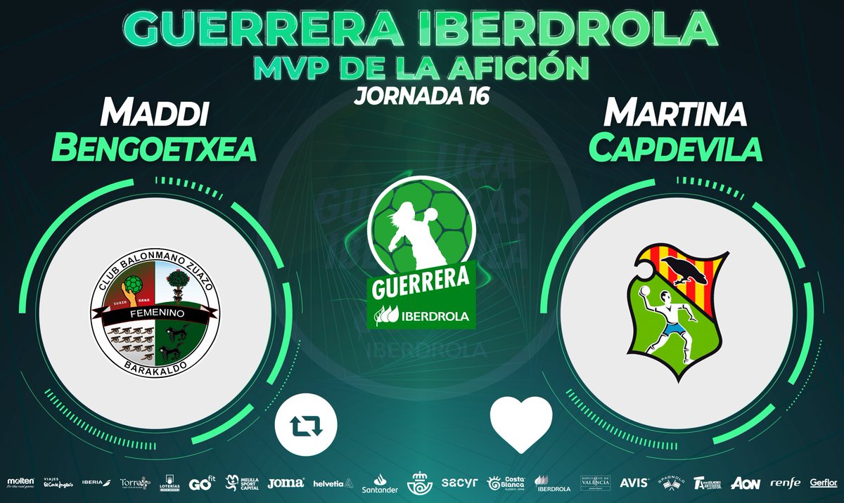⭐️ #GuerreraIberdrola - Jornada 16

🆚 <a href="/CbmZuazo/">Club Balonmano Zuazo</a> : <a href="/BMGranollers/">BM Granollers</a> 

♻️ RT: <a href="/maddi_bengo29/">Maddi Bengoetxea</a> 
❤️ Me gusta: <a href="/Martinacb8/">Martina Capdevila Barbany</a>