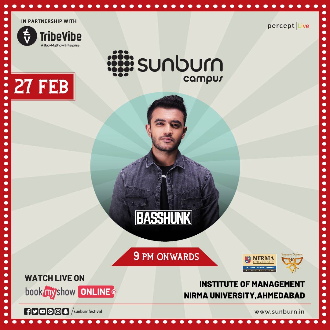 TribeVibeLive's tweet photo. Put On Your Dancing Boots,
And Get Ready To Bounce On The Beats Of DJ @BassHunk at @IMNUOfficial, Ahmedabad on the 27th of February from 9 pm onwards.
@CampusSunburn
@PerceptEMC
@shovenshah
#TribeVibe #TribeVibeEvents https://t.co/PBWiP6SJel