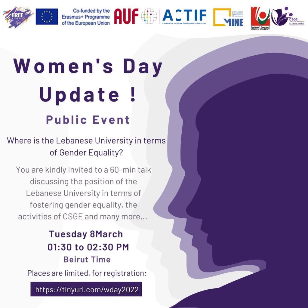 SelimMEKDESSI's tweet photo. Women’s Day at LU .. Where is the Lebanese University in terms of gender equality? 
60-min talk
Tuesday 8 March 
Time: 01:30 PM to 02:30 PM ( Beirut Time) 
for registration:
https://t.co/XD85dTiOhT

Platform MS Teams https://t.co/01b0cJn3Ye